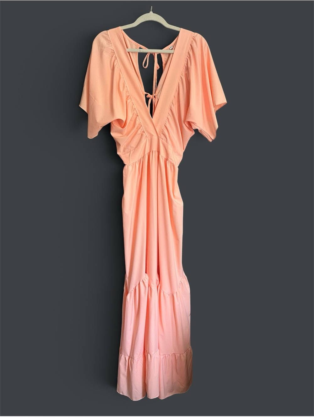 Unbranded plunge v-neck flutter sleeve tiered neon coral maxi dress size small